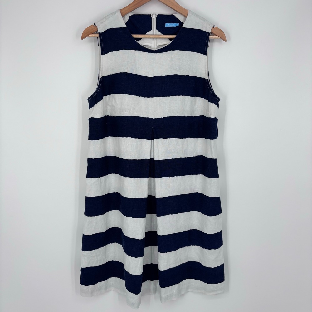 J.McLaughlin 100% Linen Sleeveless Shift Dress Women M Blue White Stripe Coastal